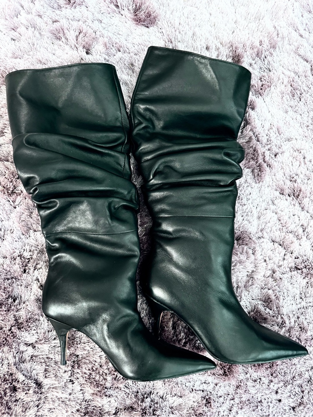 Express Genuine Leather Black Slouchy Pointed-Toe Knee-High Heeled Boots